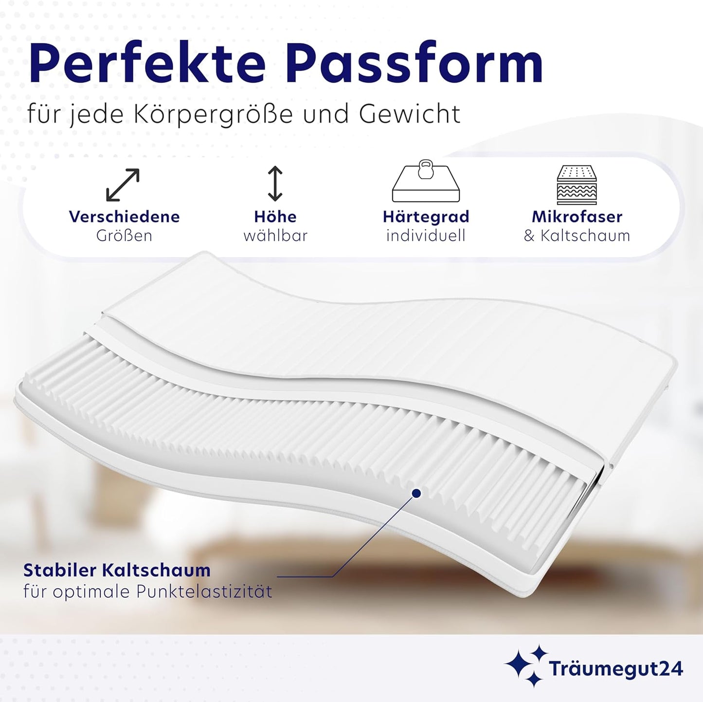 Träumegut24 AquaFlex 7-Zonen Kaltschaummatratze | Ergonomisch, Hypoallergen, Abnehmbarer Bezug, Oeko-TEX®