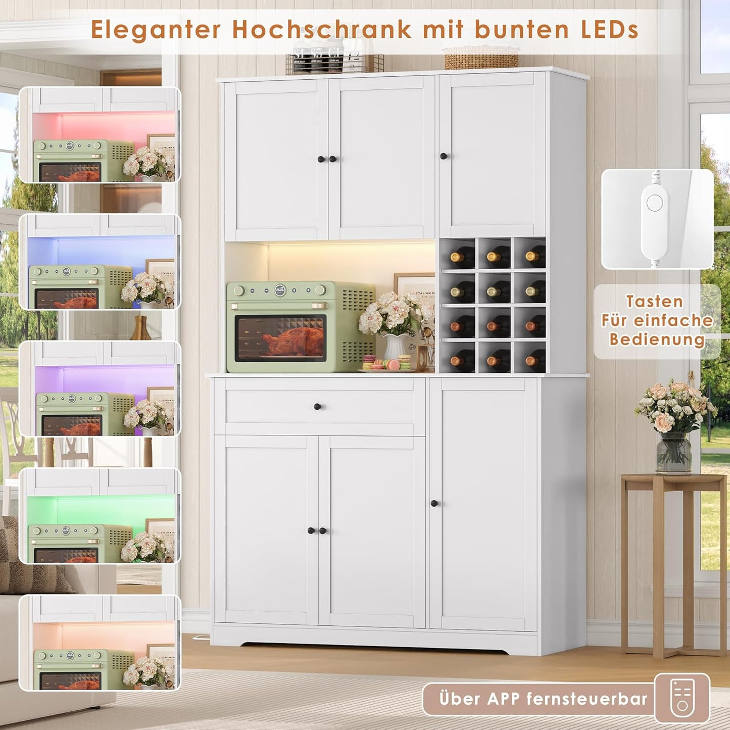 FirFurd Küchenschrank 180 cm mit LED, Steckdosenleiste & Weinregal – Buffetschrank mit Arbeitsplatte, Sideboard für Küche & Kaffeebar