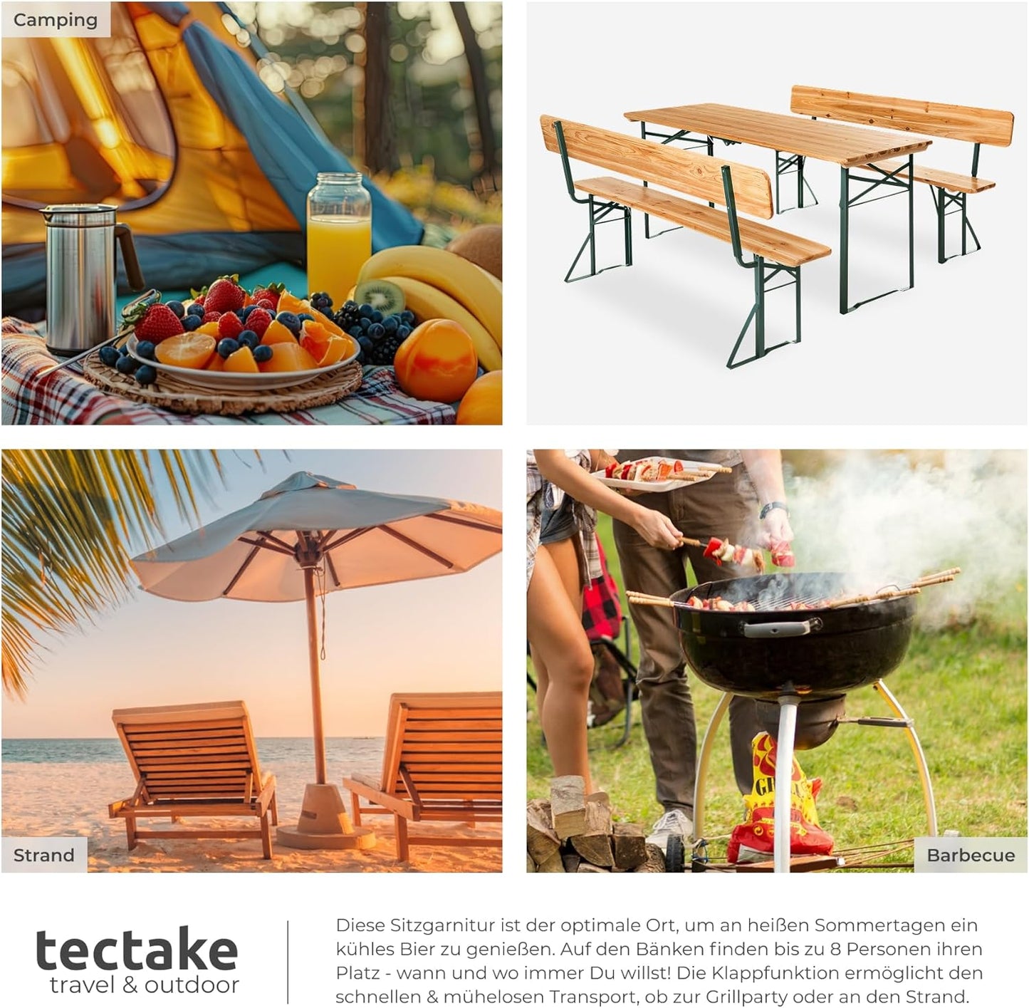 tectake Bierzeltgarnitur mit Lehne – Klappbares Gartenmöbel Set aus Holz & Stahl für bis zu 8 Personen