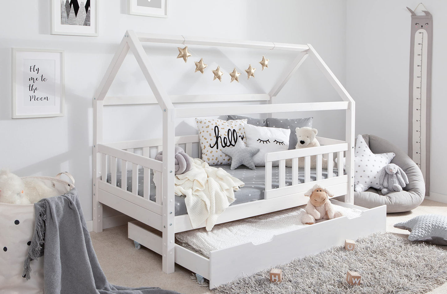 TiCAA Kinderbett Hausbett aus Kiefer Massivholz – mit Schubladen, Rausfallschutz und Rolllattenrost
