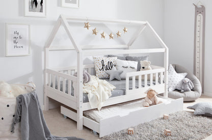 TiCAA Kinderbett Hausbett aus Kiefer Massivholz – mit Schubladen, Rausfallschutz und Rolllattenrost