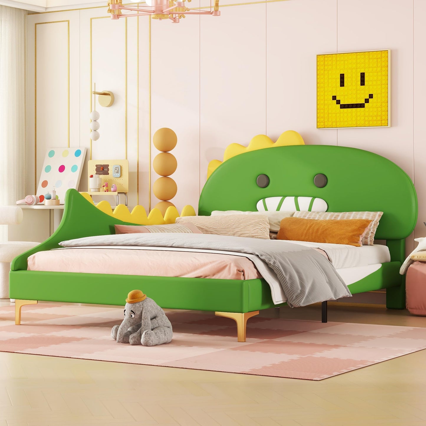 Bett 140x200 mit Lattenrost Kinder Mädchen Doppelbett, Kinderbett, Dinosaurierform, Bettgestell, Jugendbett, Bett für Jungen und Mädchen, PU, ohne Matratze