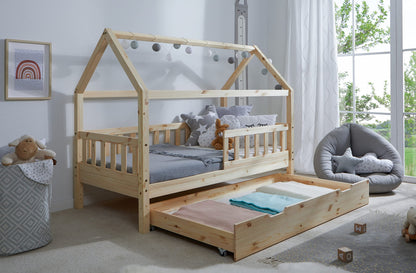 TiCAA Kinderbett Hausbett aus Kiefer Massivholz – mit Schubladen, Rausfallschutz und Rolllattenrost