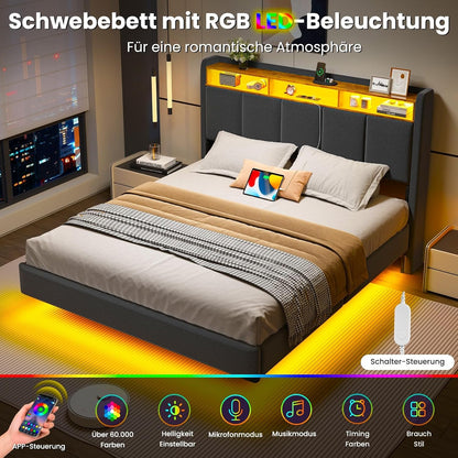Brinlawb Polsterbett mit LED, Schwebebett mit Kopfteil, Stauraum & Ladestation – Modernes Bett mit Lattenrost für Schlafzimmer