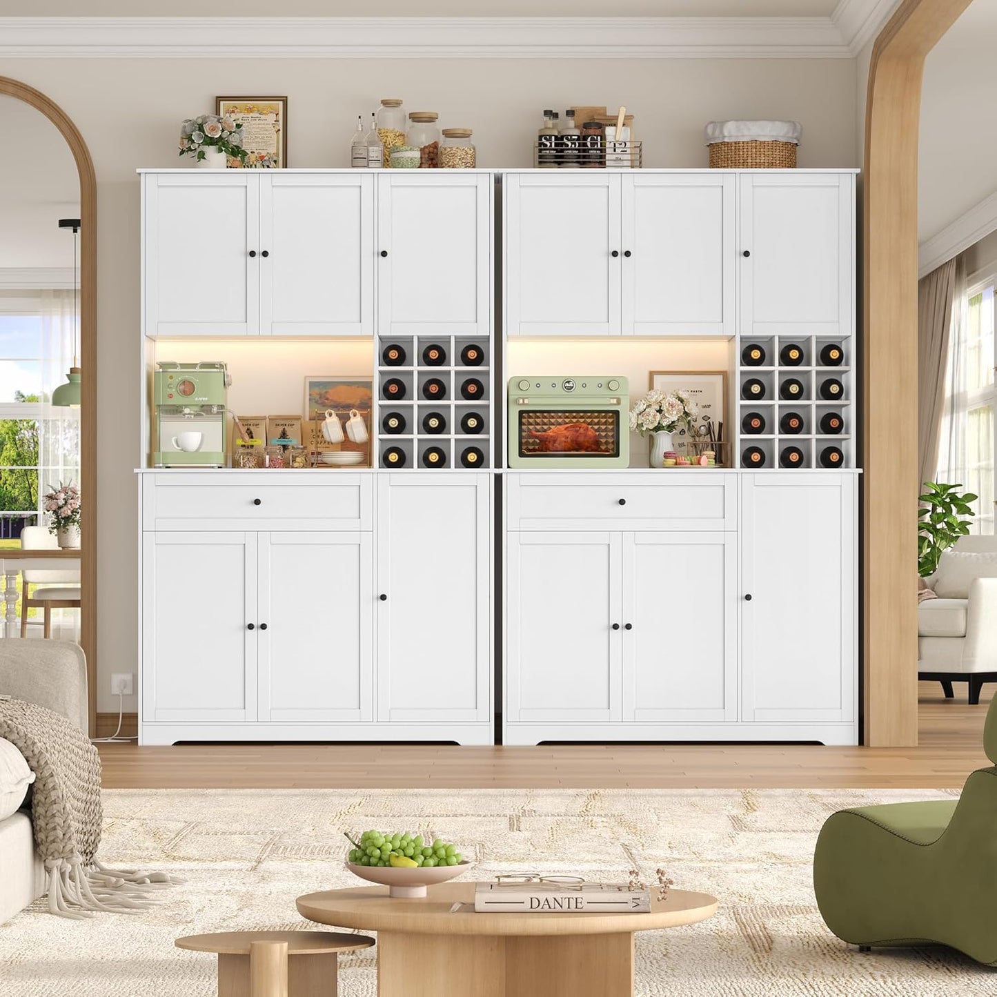 FirFurd Küchenschrank 180 cm mit LED, Steckdosenleiste & Weinregal – Buffetschrank mit Arbeitsplatte, Sideboard für Küche & Kaffeebar