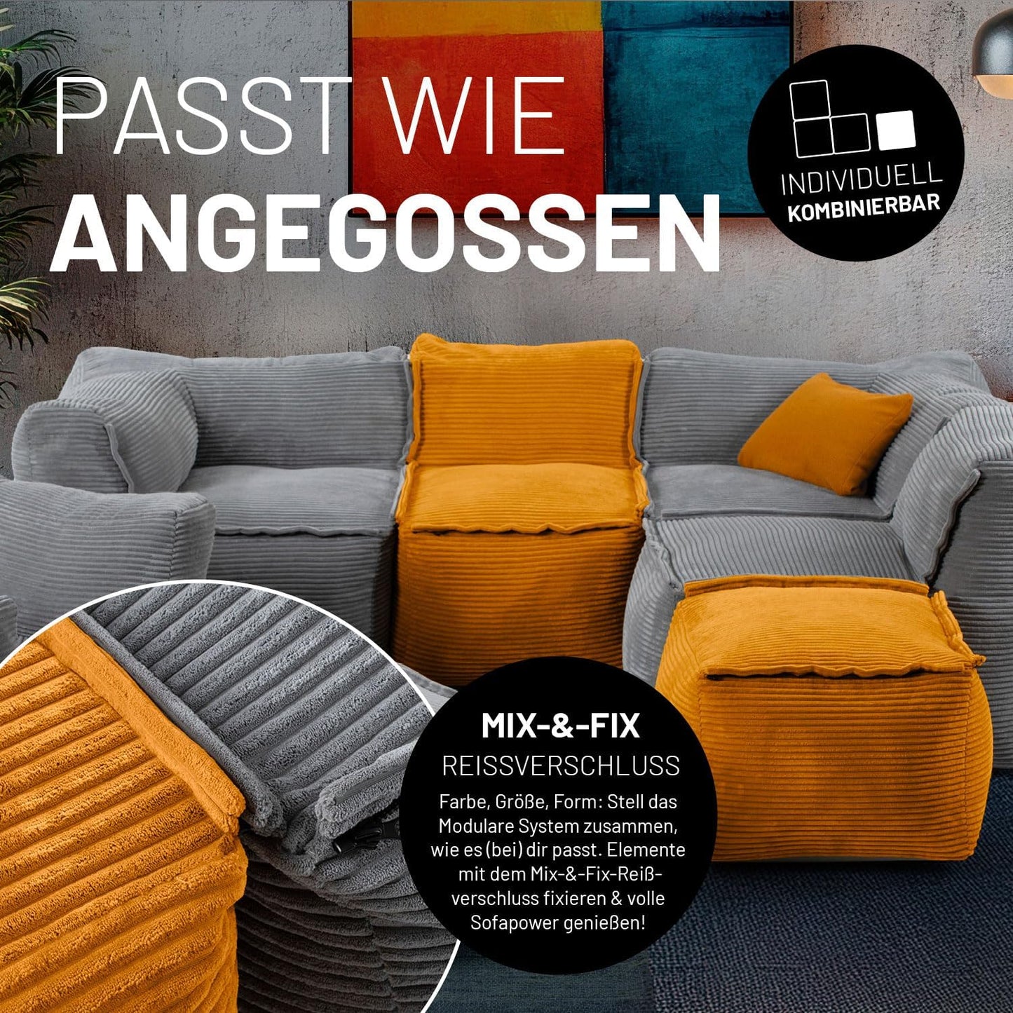 Lumaland Modulares Cord Sitzsack Sofa Set – Bean Bag Module mit EPS-Füllung, Weich, Indoor, Modern
