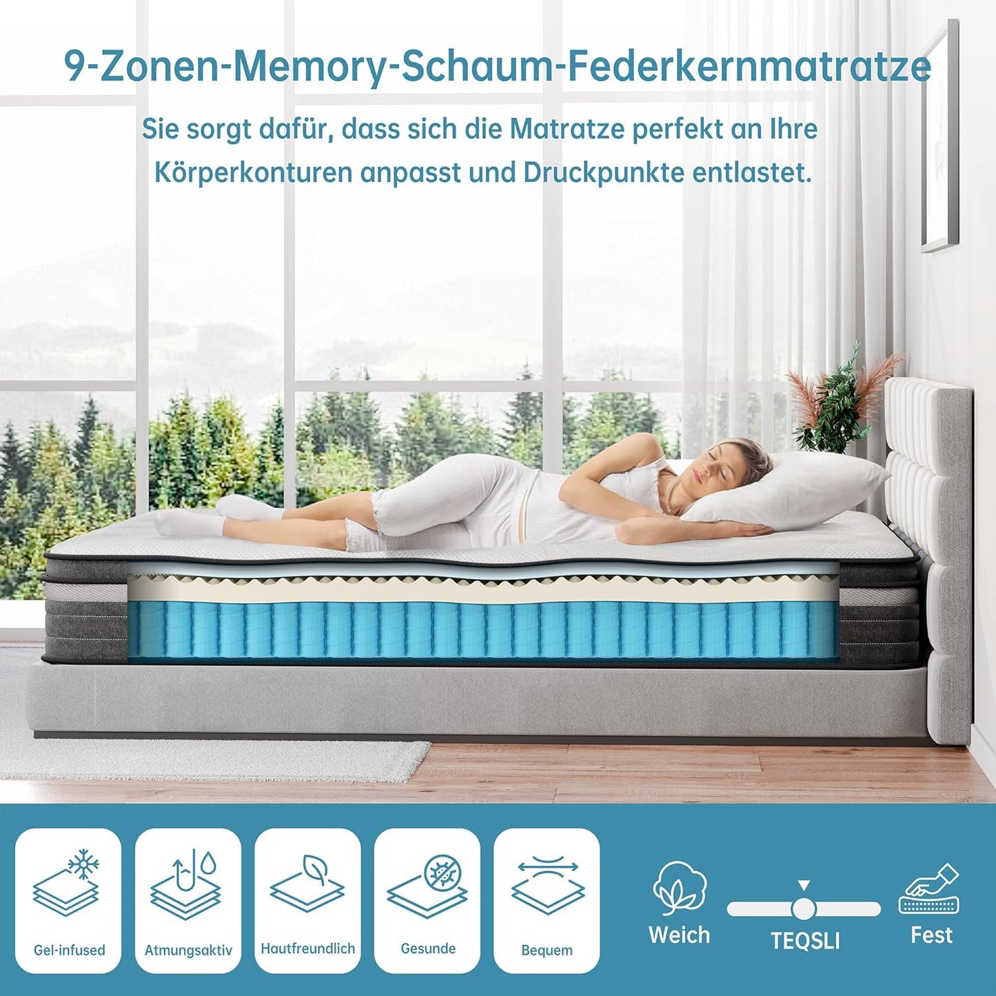 TeQsli Gel-Taschenfederkernmatratze – 9-Zonen, Orthopädisch & Ergonomisch, H3/H4, Gel-Memory-Schaum, Oeko-TEX & CertiPUR