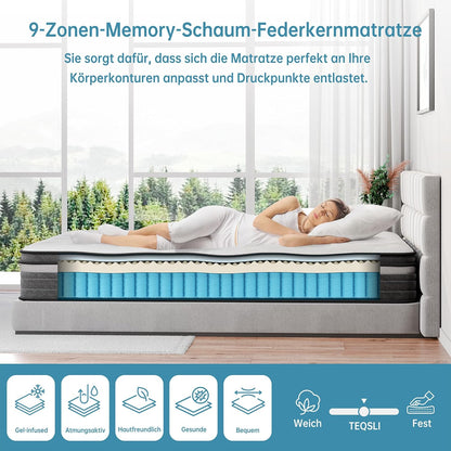 TeQsli Gel-Taschenfederkernmatratze – 9-Zonen, Orthopädisch & Ergonomisch, H3/H4, Gel-Memory-Schaum, Oeko-TEX & CertiPUR