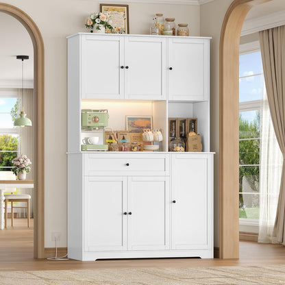 FirFurd Küchenschrank 180 cm mit LED, Steckdosenleiste & Weinregal – Buffetschrank mit Arbeitsplatte, Sideboard für Küche & Kaffeebar