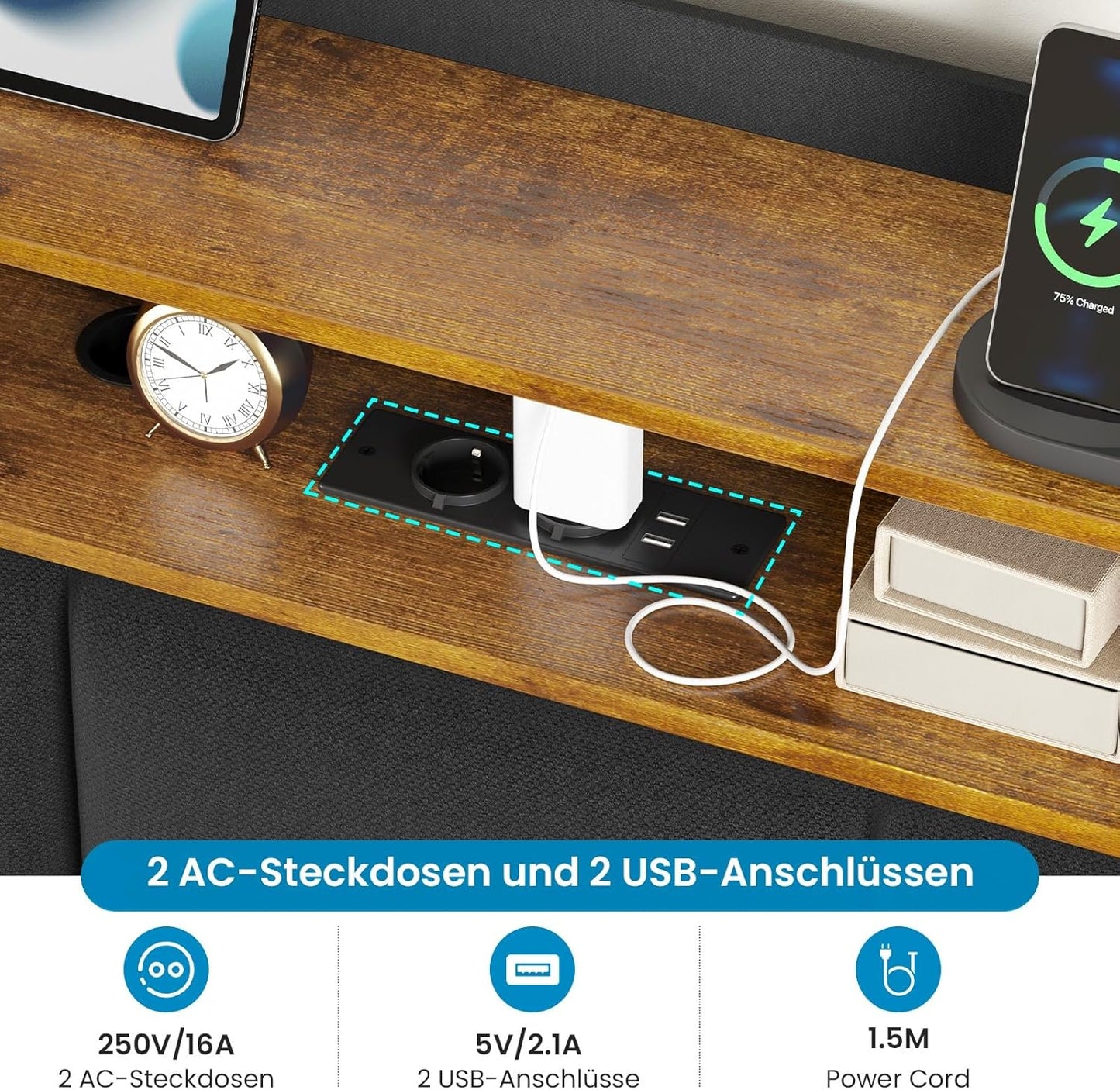 Brinlawb Polsterbett mit LED, Schwebebett mit Kopfteil, Stauraum & Ladestation – Modernes Bett mit Lattenrost für Schlafzimmer