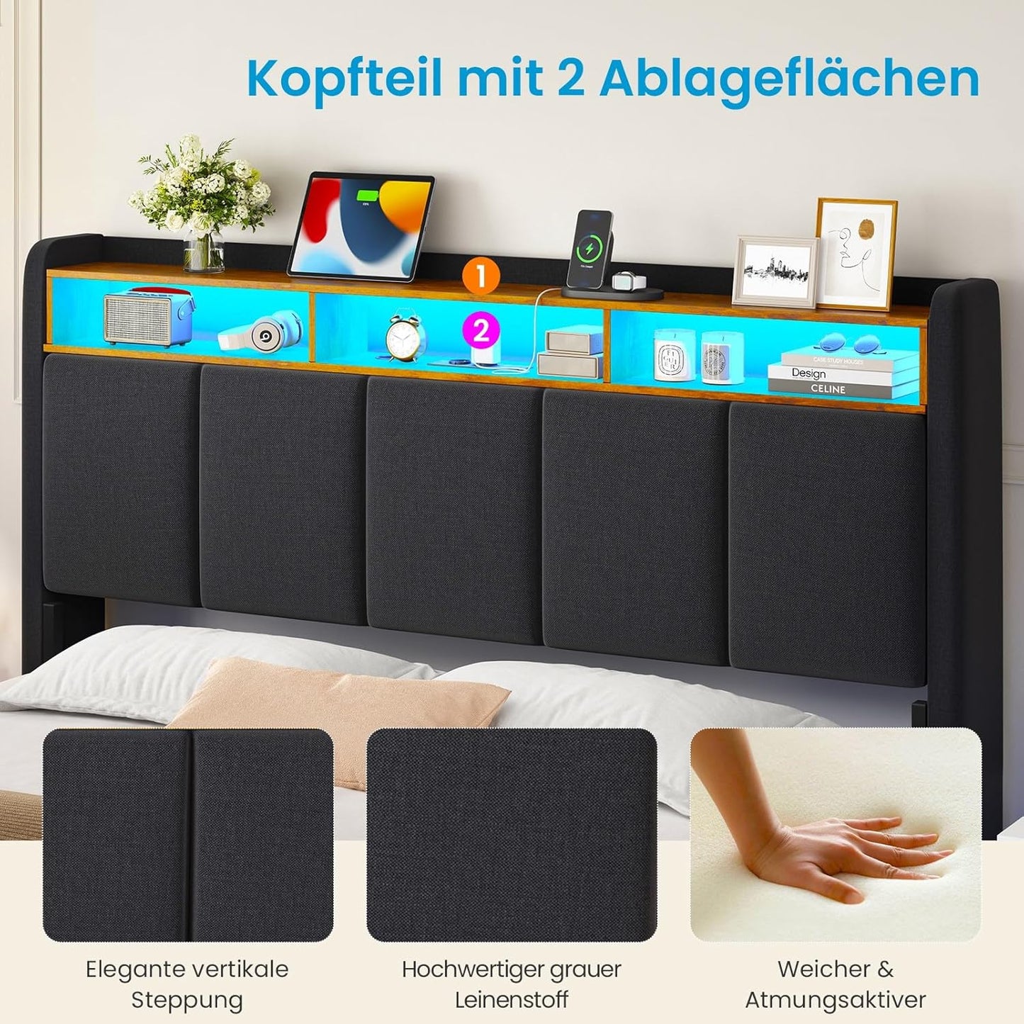 Brinlawb Polsterbett mit LED, Schwebebett mit Kopfteil, Stauraum & Ladestation – Modernes Bett mit Lattenrost für Schlafzimmer