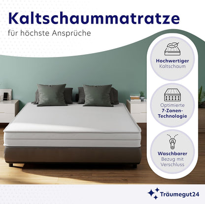 Träumegut24 AquaFlex 7-Zonen Kaltschaummatratze | Ergonomisch, Hypoallergen, Abnehmbarer Bezug, Oeko-TEX®
