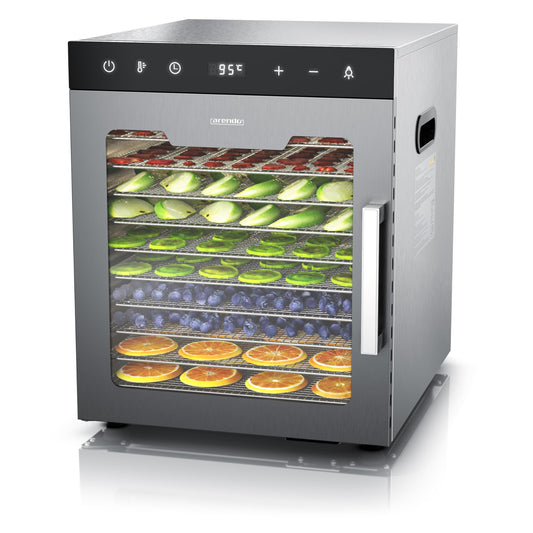 Arendo - Stainless steel dehydrator 8-fold - 500 watts with temperature control - dehydrator for food meat fruits fruit mushrooms - timer up to 24 hours - 8 compartments - GS - dehydrator