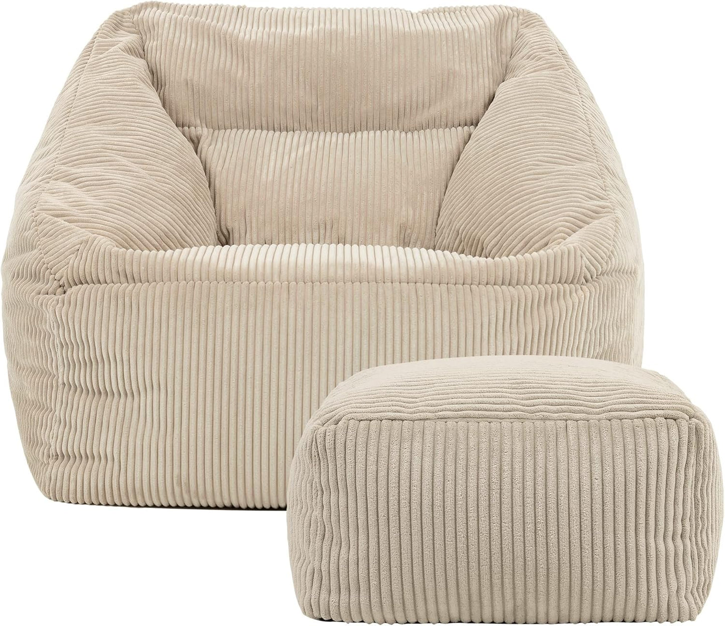 Icon Natalia Sitzsack Sessel mit Hocker Beige – Flauschiger Cord, Bean Bag Chair für Wohnzimmer & Büro