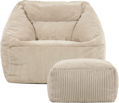 Icon Natalia Sitzsack Sessel mit Hocker Beige – Flauschiger Cord, Bean Bag Chair für Wohnzimmer & Büro