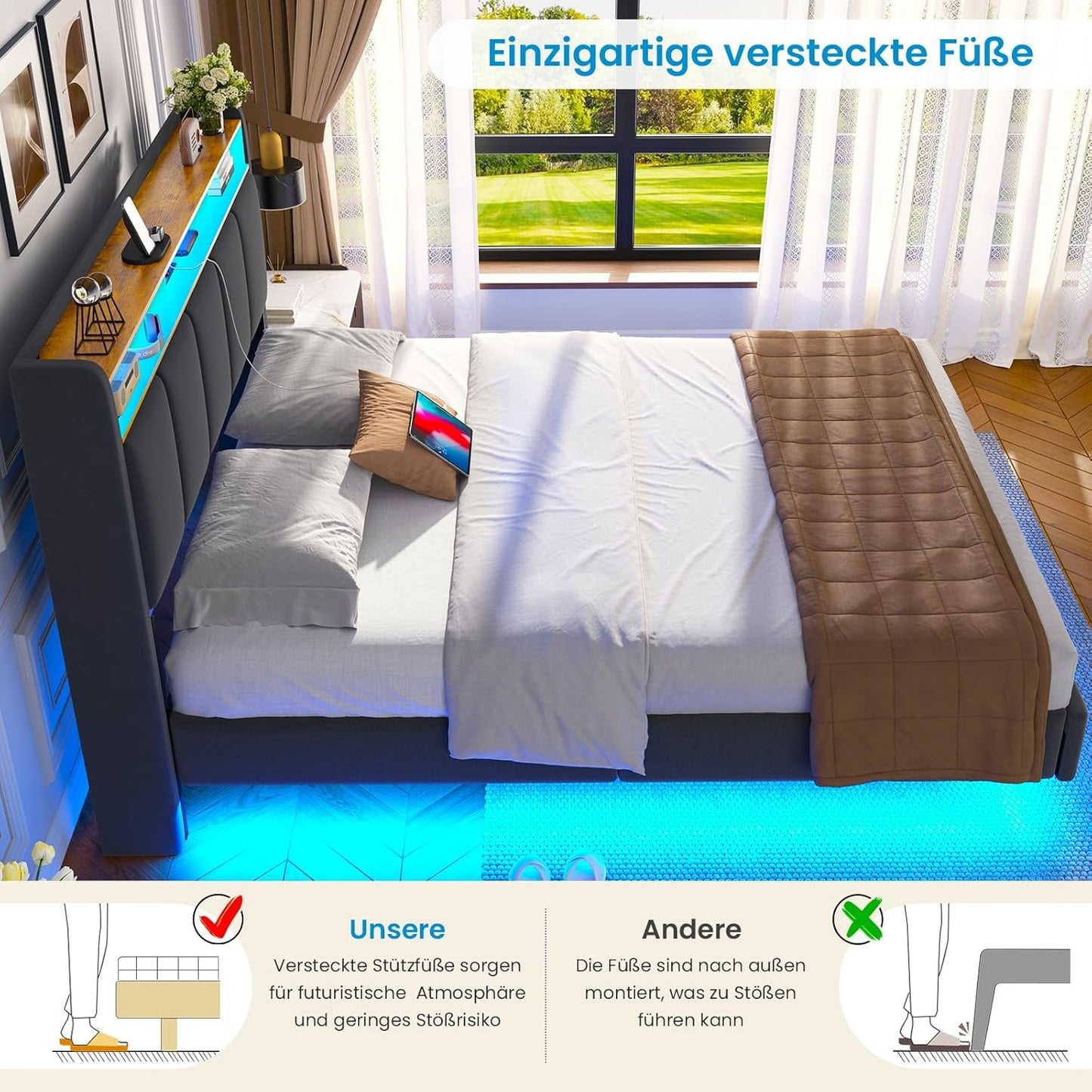 Brinlawb Polsterbett mit LED, Schwebebett mit Kopfteil, Stauraum & Ladestation – Modernes Bett mit Lattenrost für Schlafzimmer