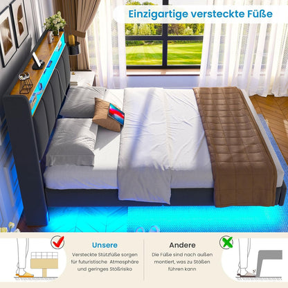Brinlawb Polsterbett mit LED, Schwebebett mit Kopfteil, Stauraum & Ladestation – Modernes Bett mit Lattenrost für Schlafzimmer