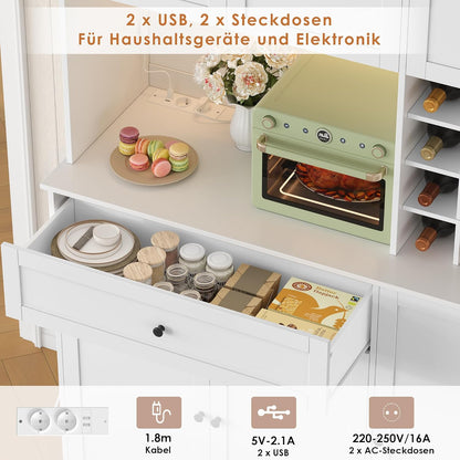FirFurd Küchenschrank 180 cm mit LED, Steckdosenleiste & Weinregal – Buffetschrank mit Arbeitsplatte, Sideboard für Küche & Kaffeebar