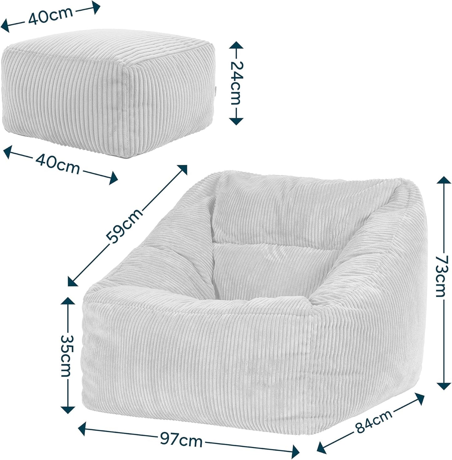 Icon Natalia Sitzsack Sessel mit Hocker Beige – Flauschiger Cord, Bean Bag Chair für Wohnzimmer & Büro