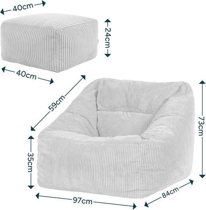 Icon Natalia Sitzsack Sessel mit Hocker Beige – Flauschiger Cord, Bean Bag Chair für Wohnzimmer & Büro