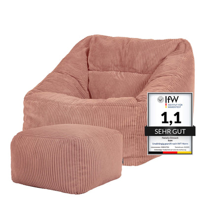 Icon Natalia Sitzsack Sessel mit Hocker Beige – Flauschiger Cord, Bean Bag Chair für Wohnzimmer & Büro