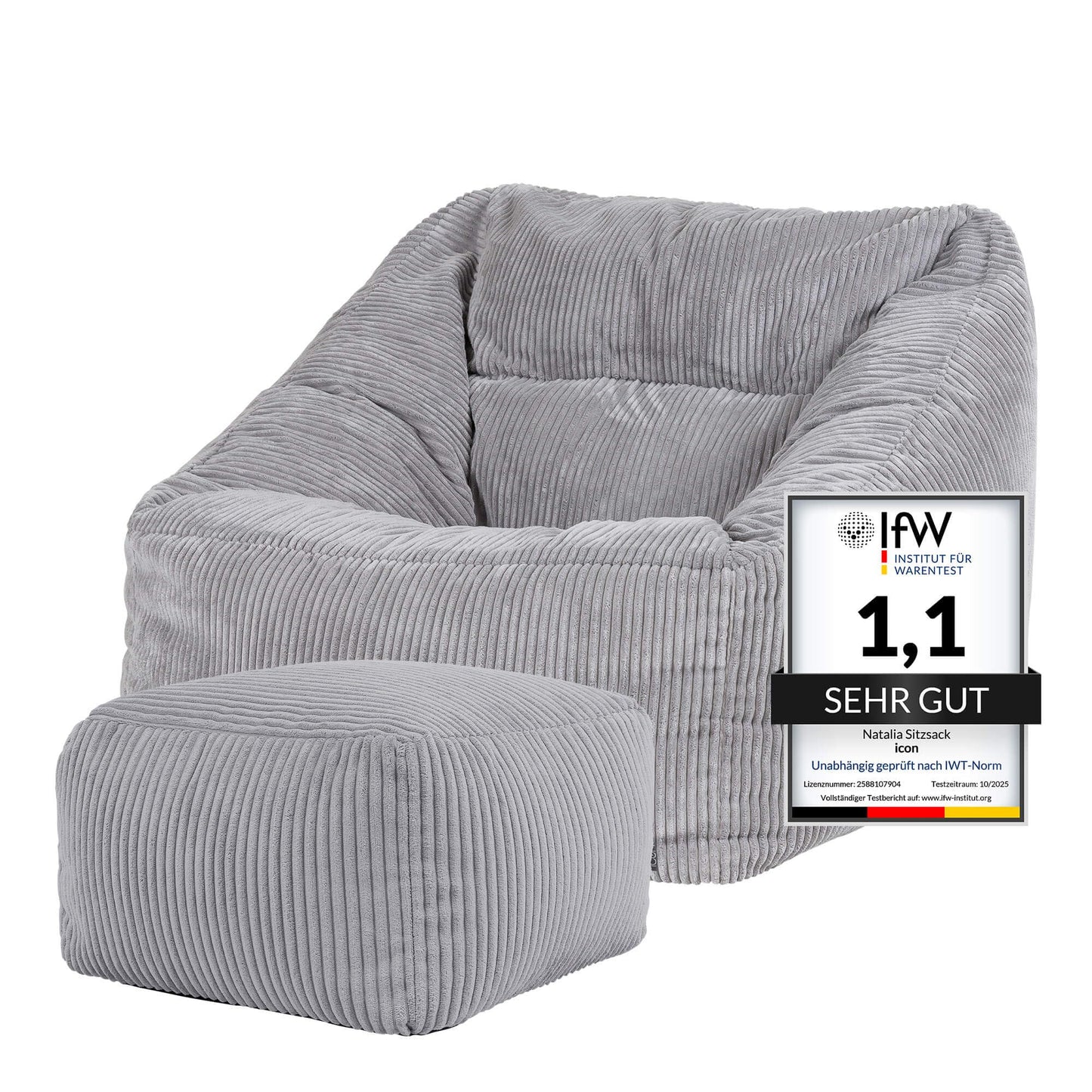 Icon Natalia Sitzsack Sessel mit Hocker Beige – Flauschiger Cord, Bean Bag Chair für Wohnzimmer & Büro