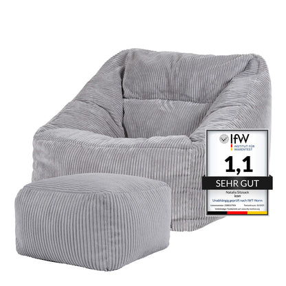 Icon Natalia Sitzsack Sessel mit Hocker Beige – Flauschiger Cord, Bean Bag Chair für Wohnzimmer & Büro