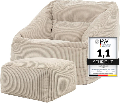 Icon Natalia Sitzsack Sessel mit Hocker Beige – Flauschiger Cord, Bean Bag Chair für Wohnzimmer & Büro