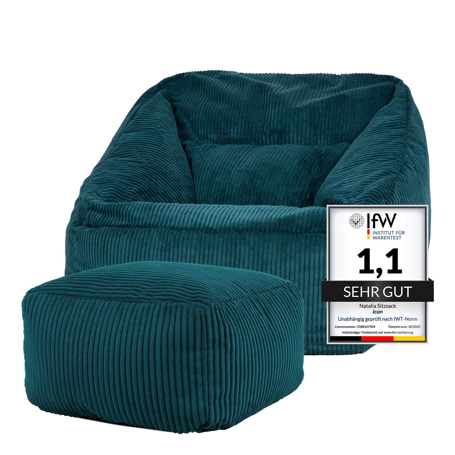 Icon Natalia Sitzsack Sessel mit Hocker Beige – Flauschiger Cord, Bean Bag Chair für Wohnzimmer & Büro