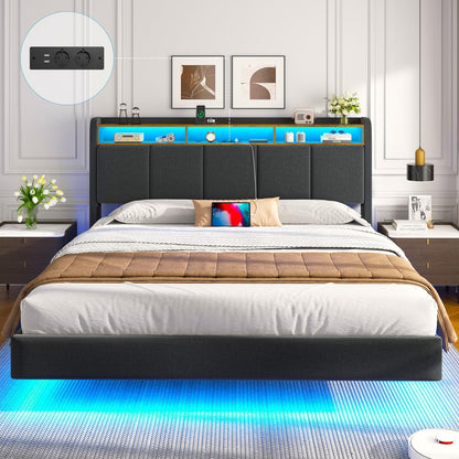 Brinlawb Polsterbett mit LED, Schwebebett mit Kopfteil, Stauraum & Ladestation – Modernes Bett mit Lattenrost für Schlafzimmer