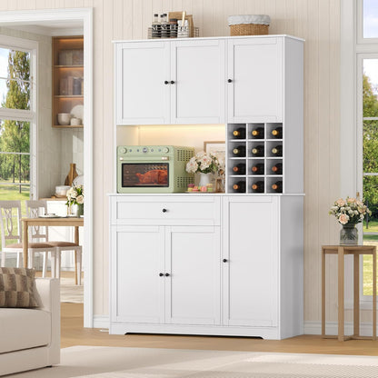 FirFurd Küchenschrank 180 cm mit LED, Steckdosenleiste & Weinregal – Buffetschrank mit Arbeitsplatte, Sideboard für Küche & Kaffeebar