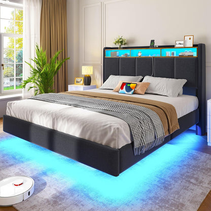 Brinlawb Polsterbett mit LED, Schwebebett mit Kopfteil, Stauraum & Ladestation – Modernes Bett mit Lattenrost für Schlafzimmer