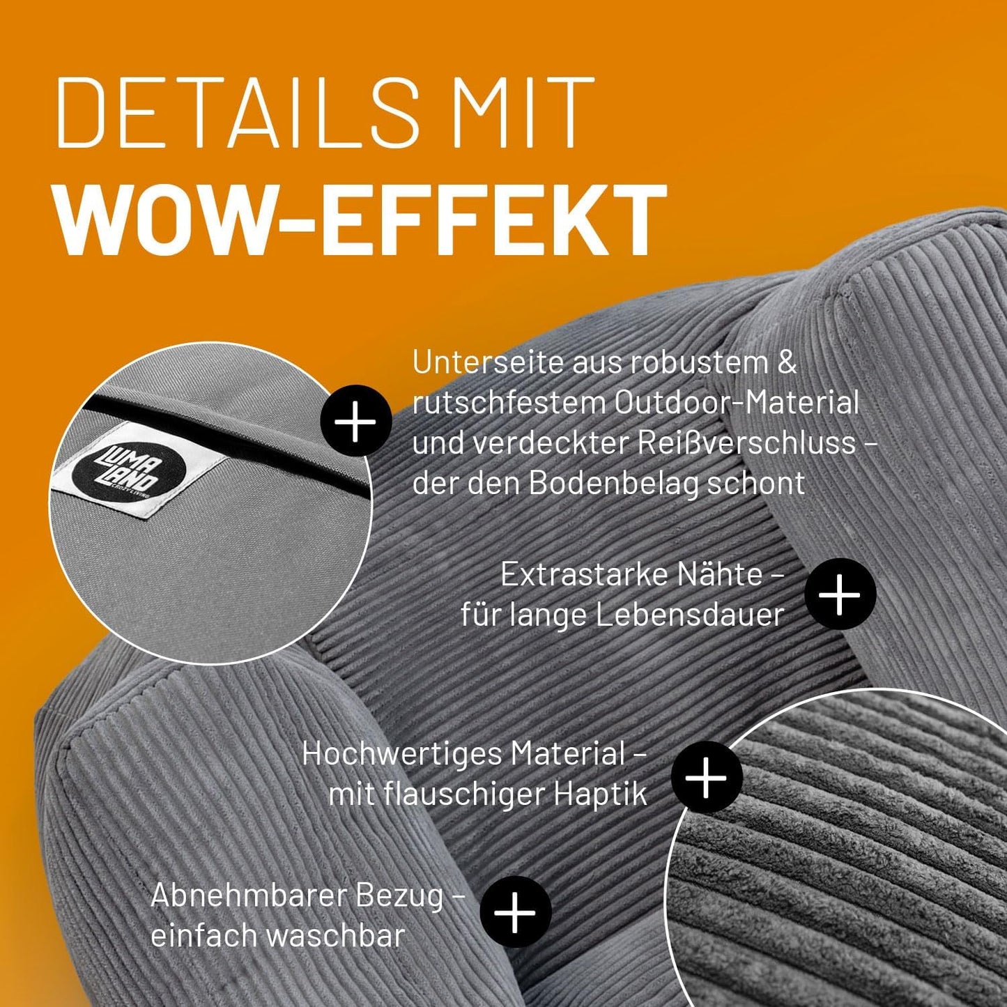 Lumaland Modulares Cord Sitzsack Sofa Set – Bean Bag Module mit EPS-Füllung, Weich, Indoor, Modern