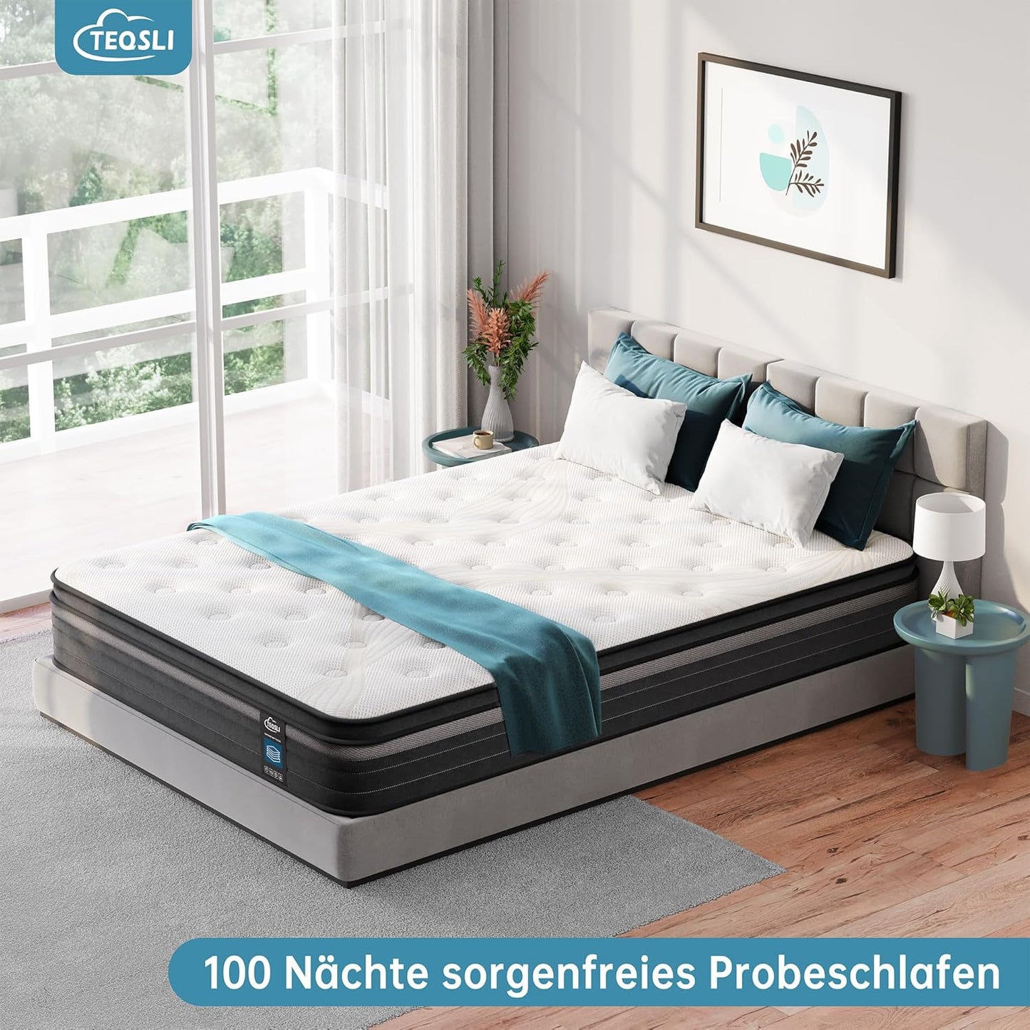 TeQsli Gel-Taschenfederkernmatratze – 9-Zonen, Orthopädisch & Ergonomisch, H3/H4, Gel-Memory-Schaum, Oeko-TEX & CertiPUR