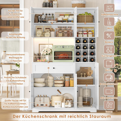 FirFurd Küchenschrank 180 cm mit LED, Steckdosenleiste & Weinregal – Buffetschrank mit Arbeitsplatte, Sideboard für Küche & Kaffeebar