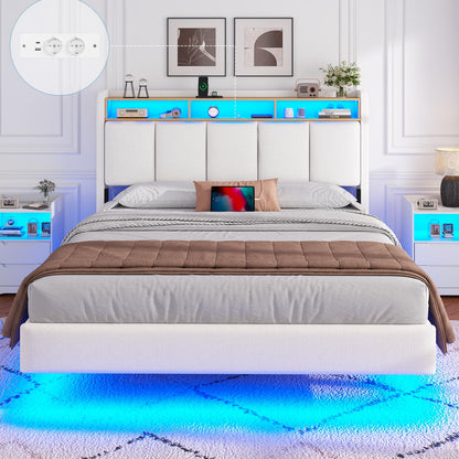 Brinlawb Polsterbett mit LED, Schwebebett mit Kopfteil, Stauraum & Ladestation – Modernes Bett mit Lattenrost für Schlafzimmer