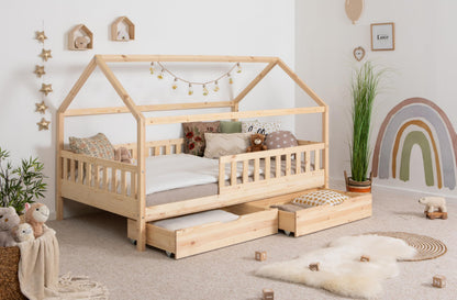 TiCAA Kinderbett Hausbett aus Kiefer Massivholz – mit Schubladen, Rausfallschutz und Rolllattenrost