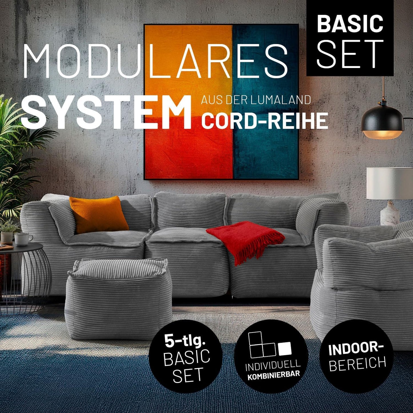 Lumaland Modulares Cord Sitzsack Sofa Set – Bean Bag Module mit EPS-Füllung, Weich, Indoor, Modern