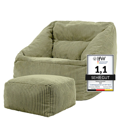 Icon Natalia Sitzsack Sessel mit Hocker Beige – Flauschiger Cord, Bean Bag Chair für Wohnzimmer & Büro