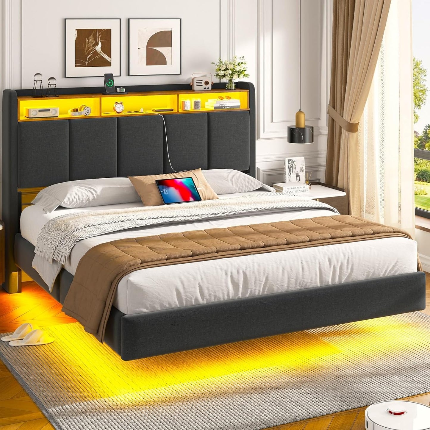 Brinlawb Polsterbett mit LED, Schwebebett mit Kopfteil, Stauraum & Ladestation – Modernes Bett mit Lattenrost für Schlafzimmer
