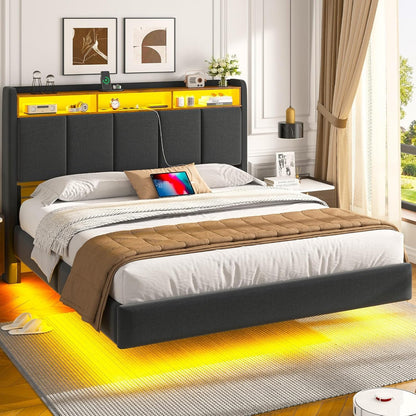 Brinlawb Polsterbett mit LED, Schwebebett mit Kopfteil, Stauraum & Ladestation – Modernes Bett mit Lattenrost für Schlafzimmer