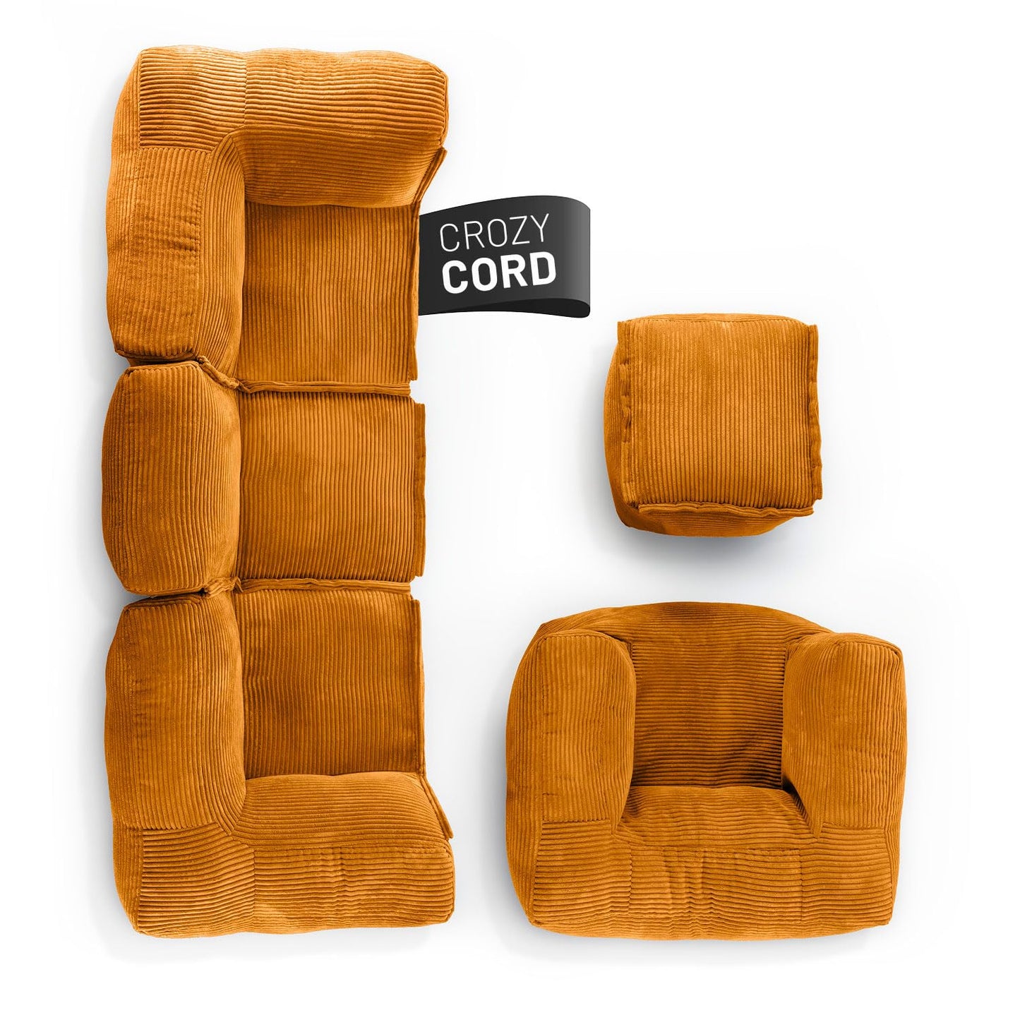 Lumaland Modulares Cord Sitzsack Sofa Set – Bean Bag Module mit EPS-Füllung, Weich, Indoor, Modern