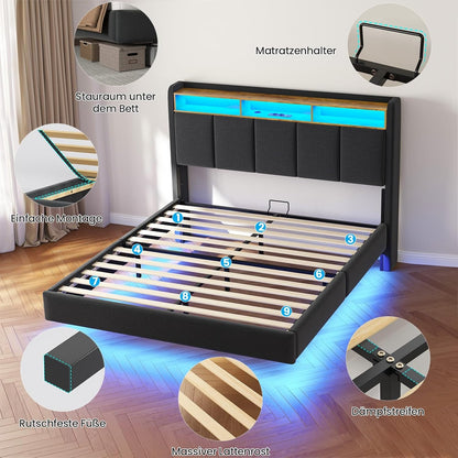 Brinlawb Polsterbett mit LED, Schwebebett mit Kopfteil, Stauraum & Ladestation – Modernes Bett mit Lattenrost für Schlafzimmer