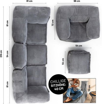 Lumaland Modulares Cord Sitzsack Sofa Set – Bean Bag Module mit EPS-Füllung, Weich, Indoor, Modern