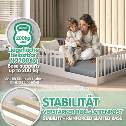 CADANI Timi Kinderbett Montessori Bodenbett aus Massivholz, abnehmbarer Rausfallschutz
